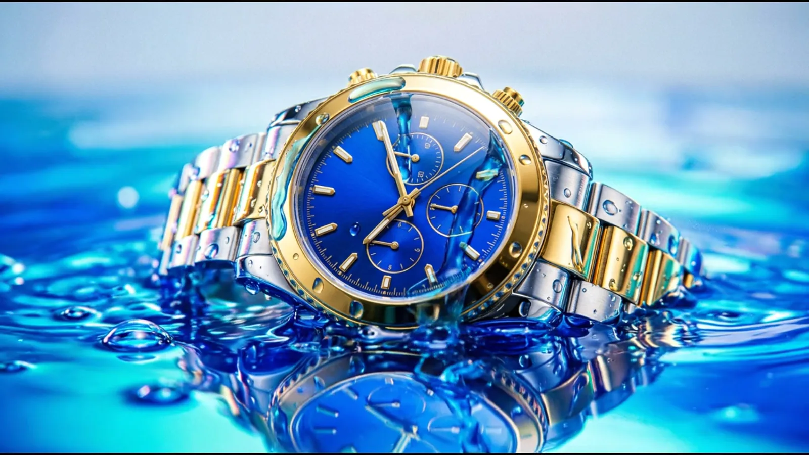 A cinematic website demo: a watch rising out of blue liquid.