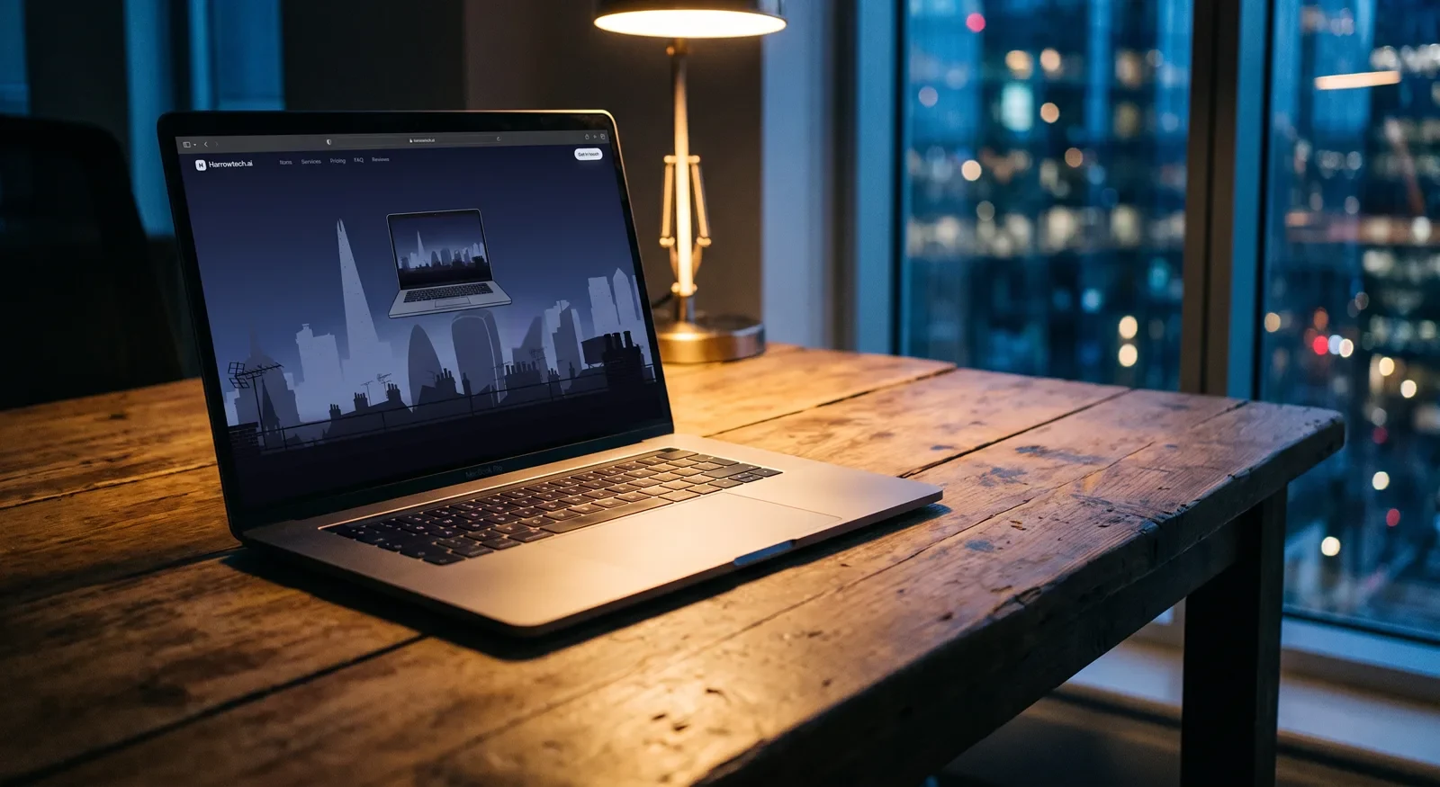 An open laptop on a desk showing the Harrowtech website, London lights behind.