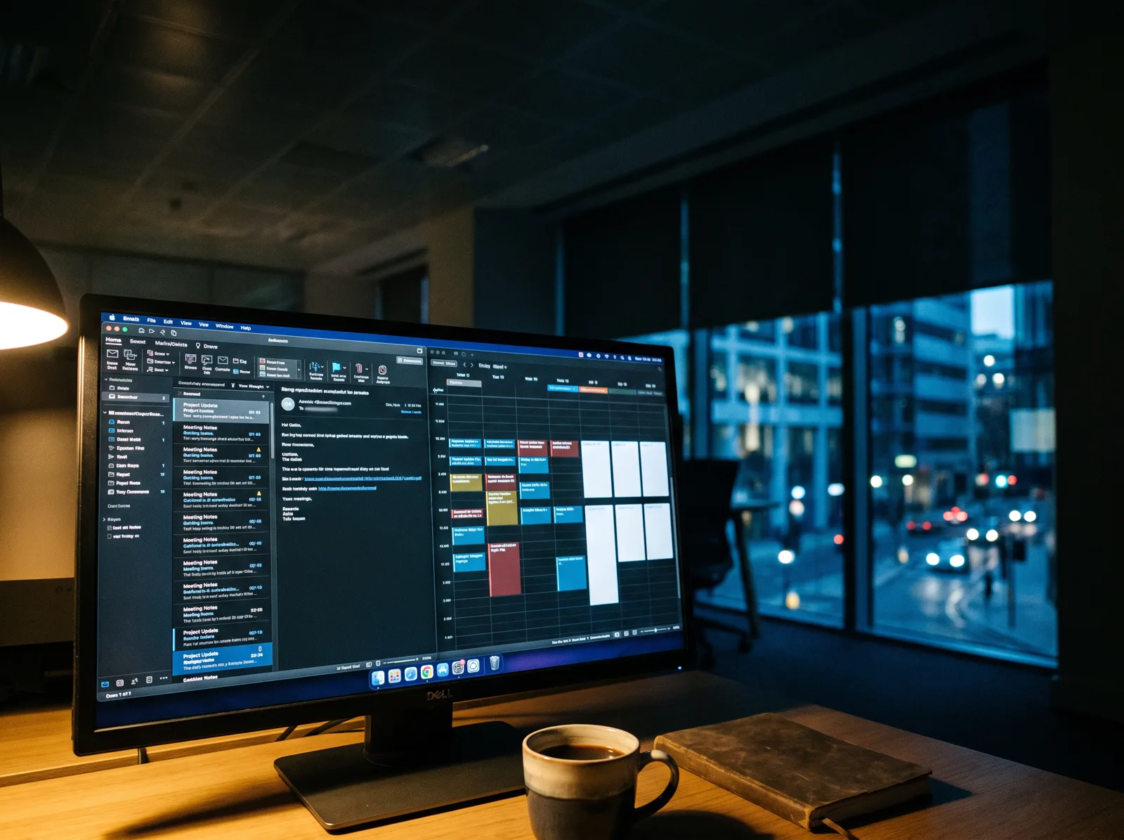 A desk screen showing a tidy inbox beside a weekly diary, coffee and a notebook.