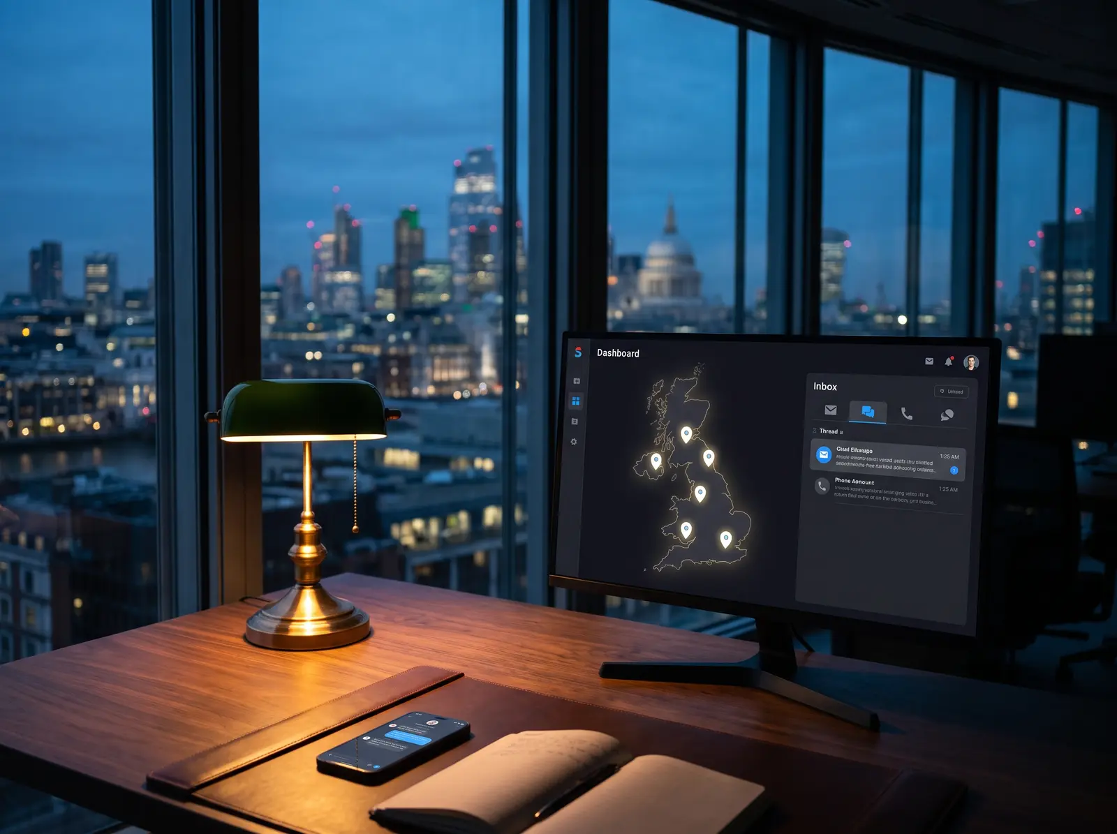 A dark monitor showing a dashboard beside a desk lamp, London lights behind.